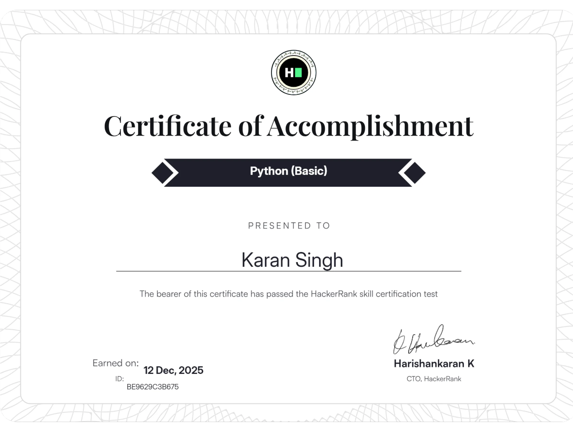 HackerRank Python Basic skill verification certificate awarded to Karan Singh